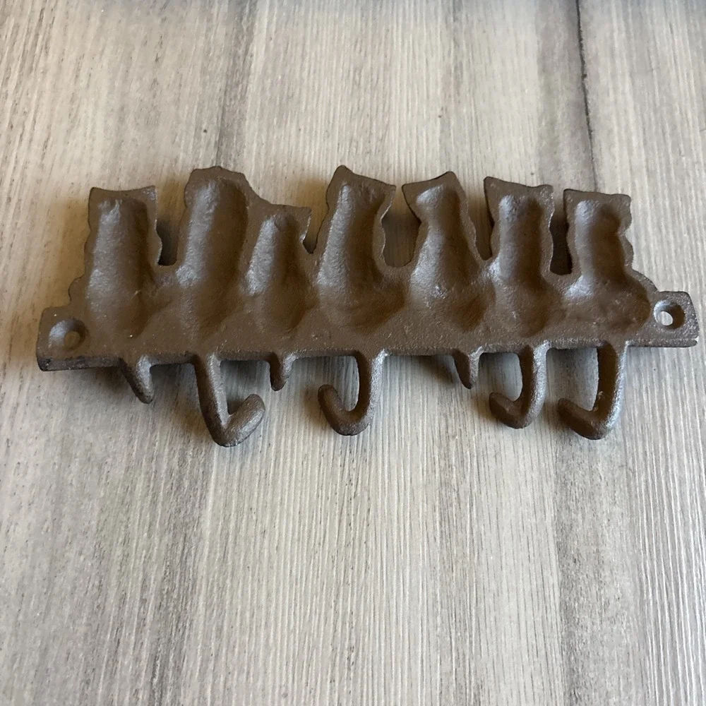 Vintage Cast Iron Cat Wall Hooks Rack 5 Hook Hanger Rustic Key Coat Leash Kitty